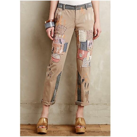 Anthropologie Pilcro Women's Hyphen Boho Patched Chino Khaki Pant Size 26 - Picture 1 of 16
